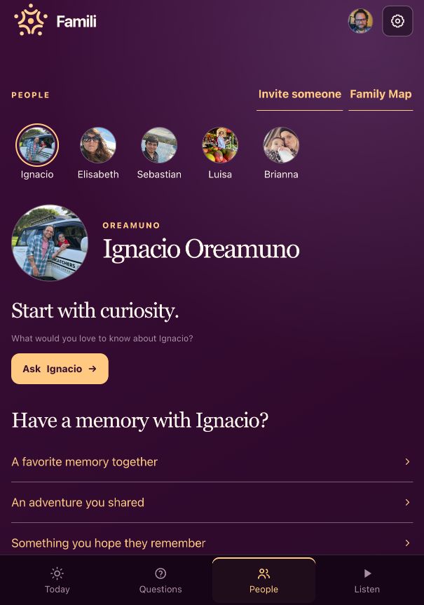 Famili person-first view for asking a relative questions and sharing memories