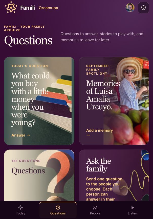 Famili Questions view with today’s question, Family Spotlight and ways to ask the family