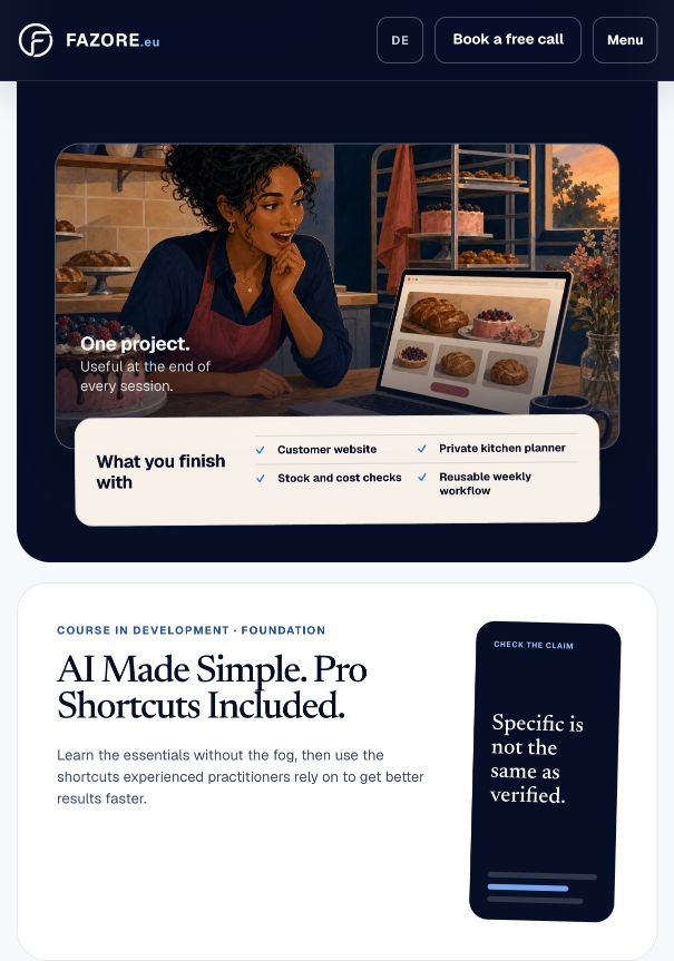 Fazore work section showing a bakery website project and AI learning course