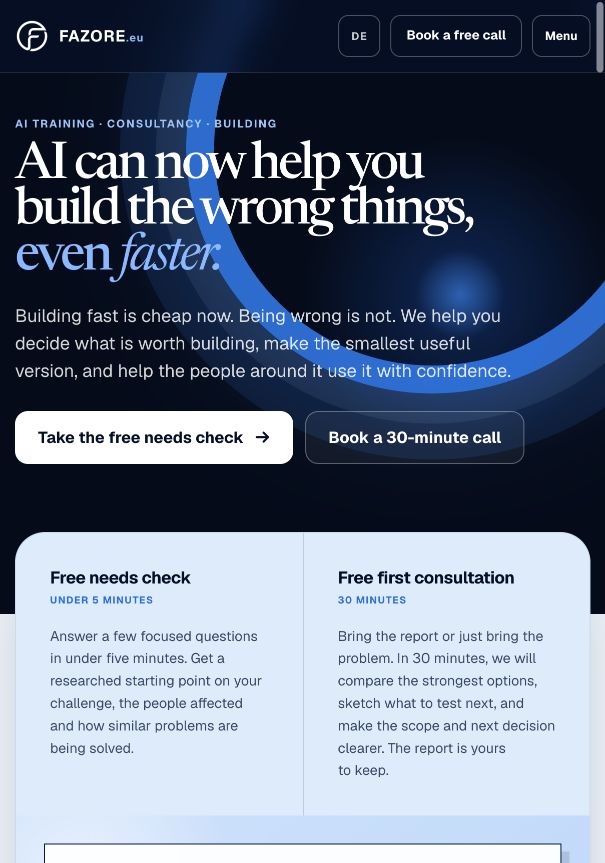 Fazore homepage explaining its AI training, consultancy and building offer