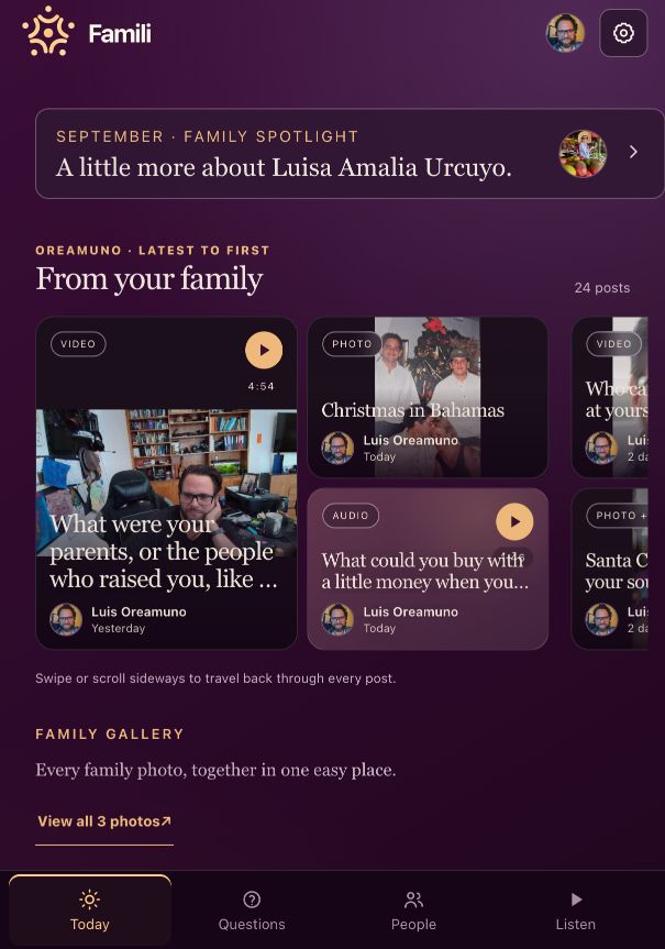 Famili family feed showing photographs, audio and video memories
